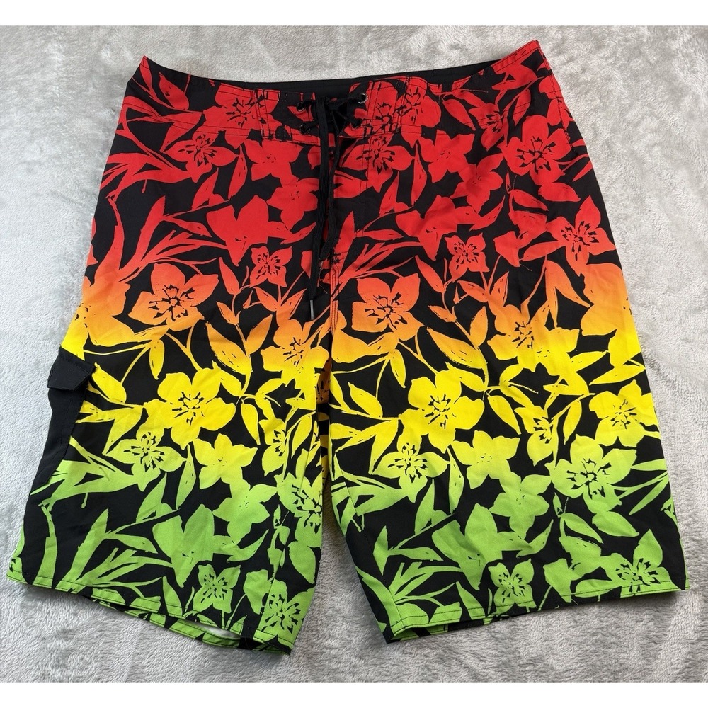 Hang Ten Board Shorts Mens‎ 34 Swim Trunks Reggae Colors Hawaiian Floral Surf